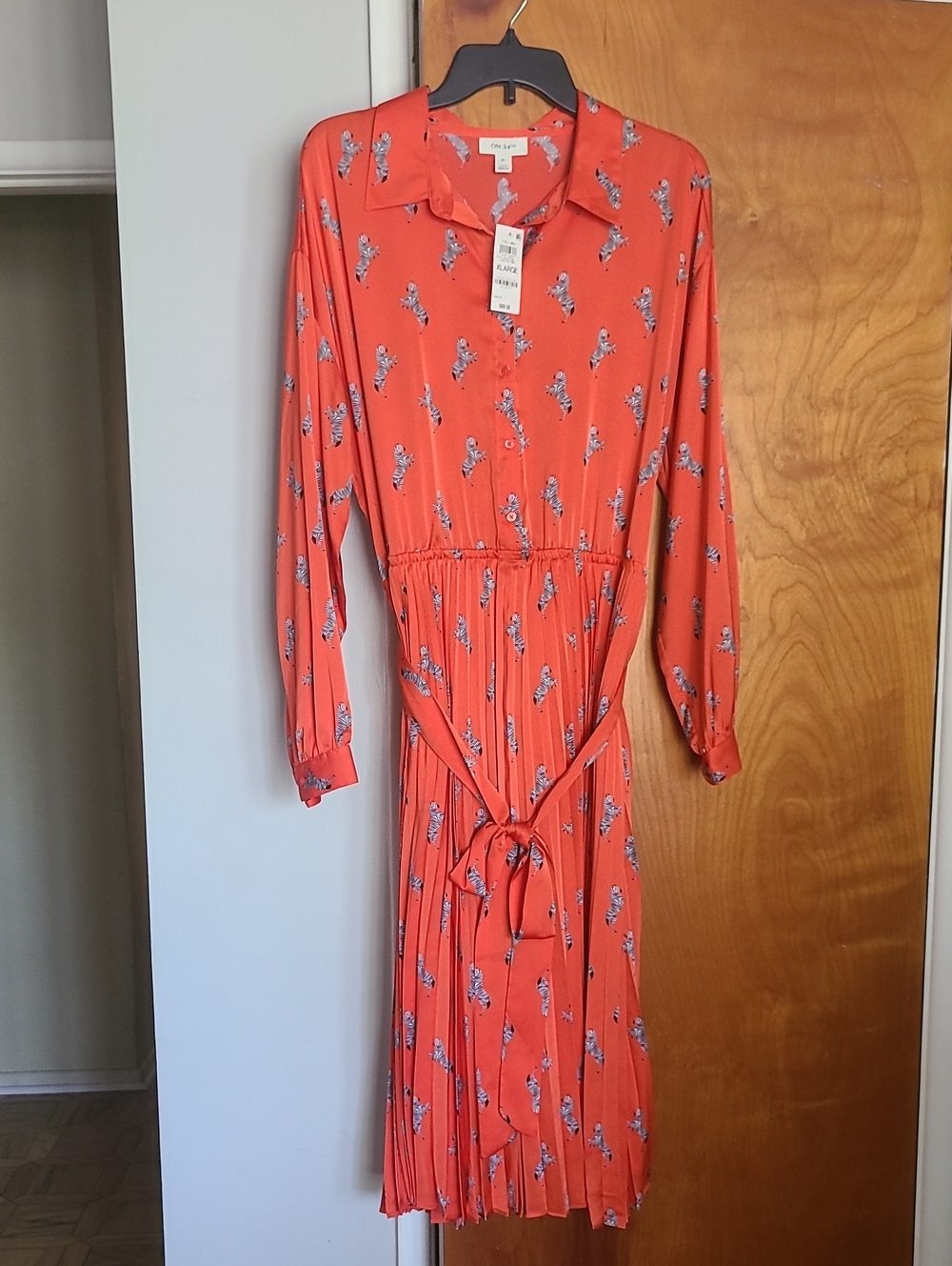 Pleated Zebra Print Long-Sleeve Tie-Waist Dress